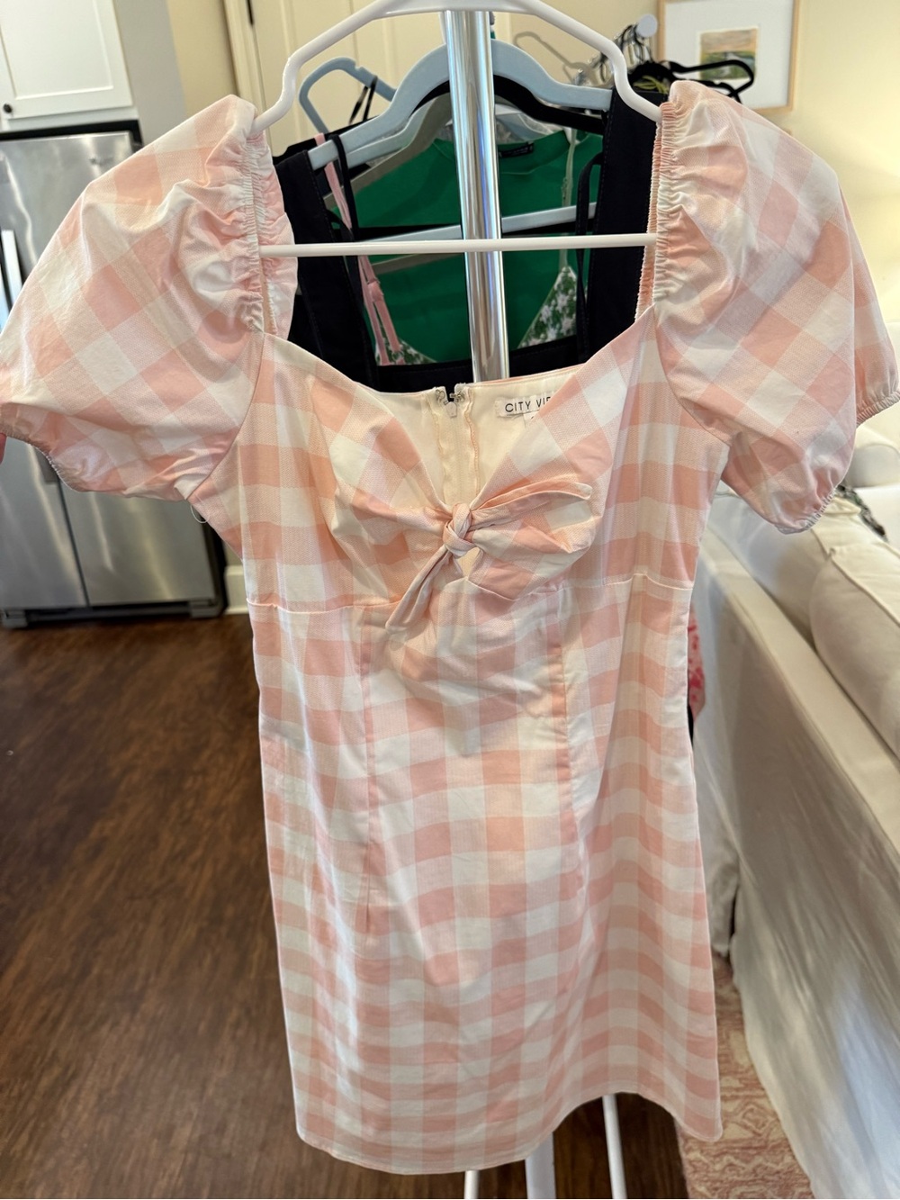 City Vibe Pink Gingham Mini Dress with Front Knot